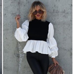 NWT - English Factory All The Best Contrast Knit Puff Sleeve Too - XL